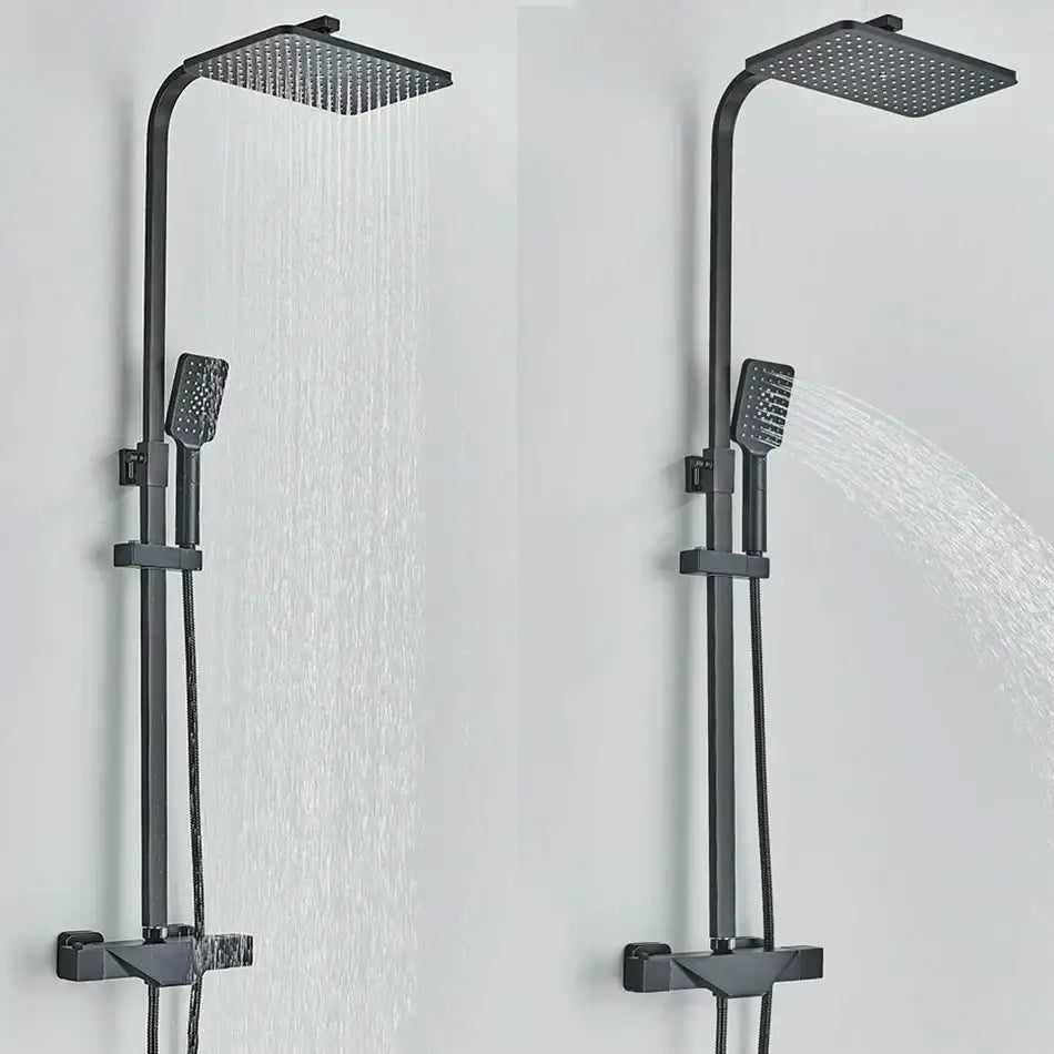 Modern matte black thermostatic shower faucet system with square rainhead and handheld spray nozzle for bathroom use