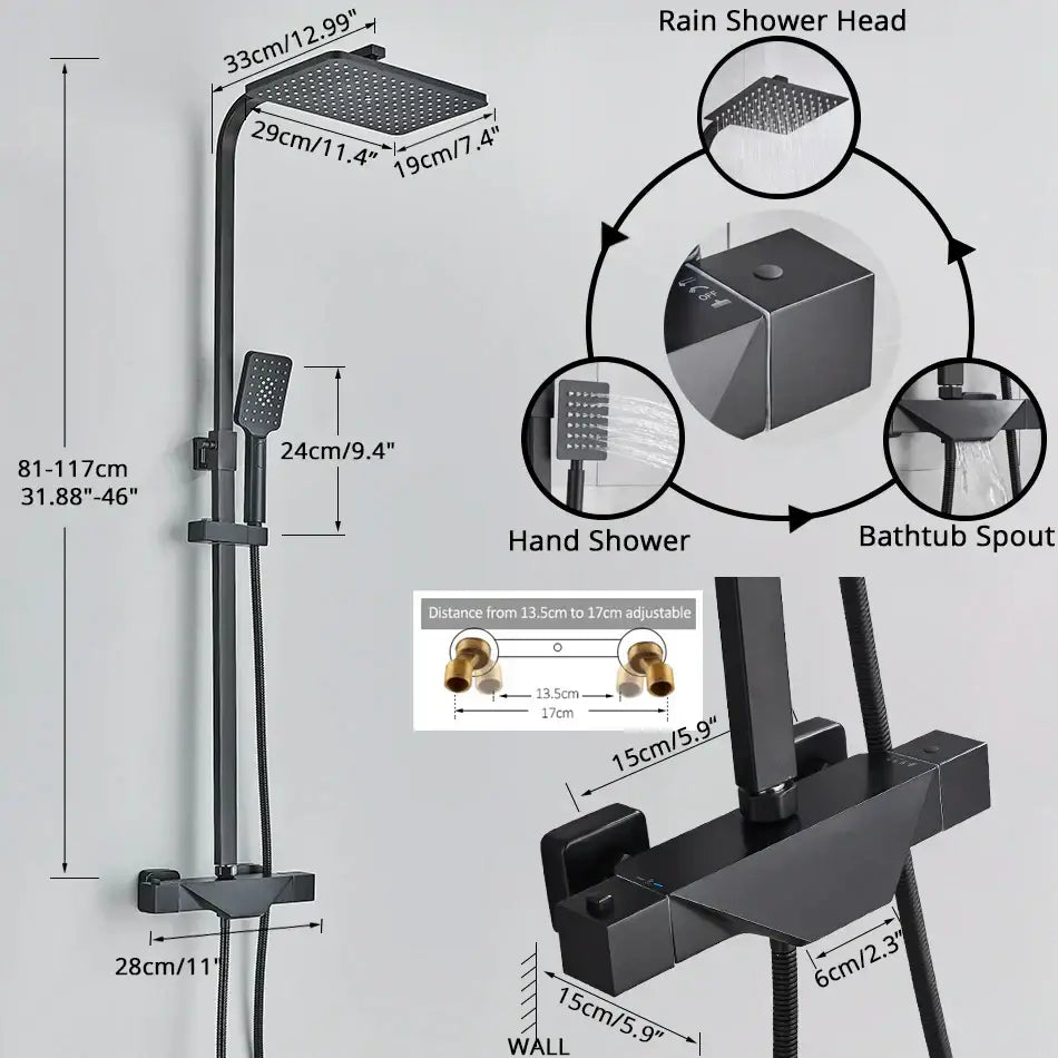 Black matte-finish rain shower head with square design and perforated surface for modern thermostatic shower faucet system