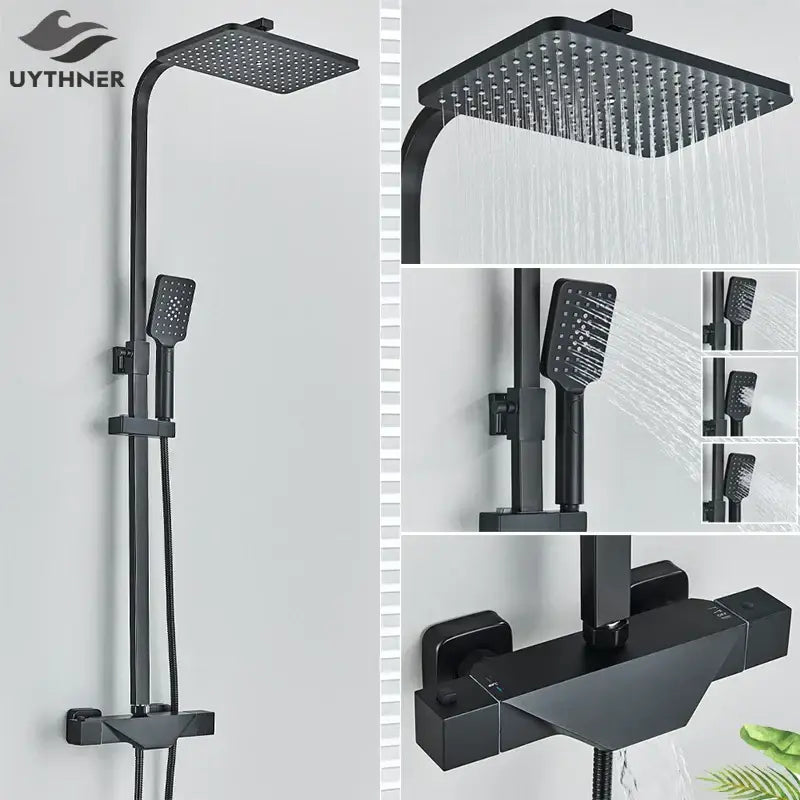 Modern matte black thermostatic shower faucet system with black matte-finish rain shower head and handheld spray for bathroom