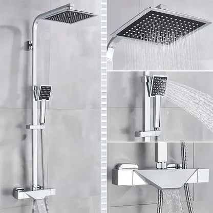 Modern chrome finished thermostatic shower faucet system with square rainhead and handheld spray nozzle for bathroom
