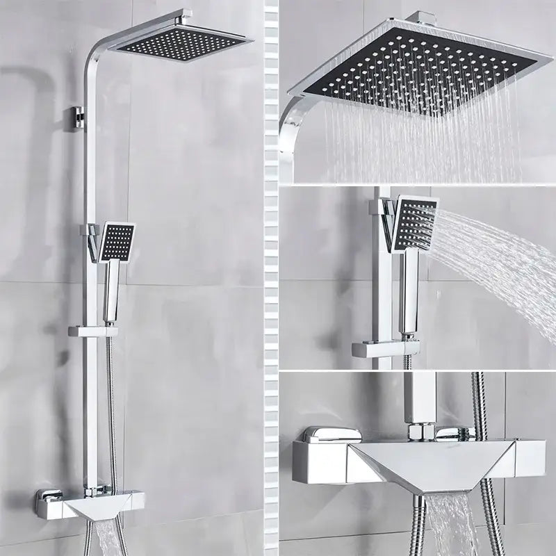 Modern chrome finished thermostatic shower faucet system with square rainhead and handheld spray nozzle for bathroom