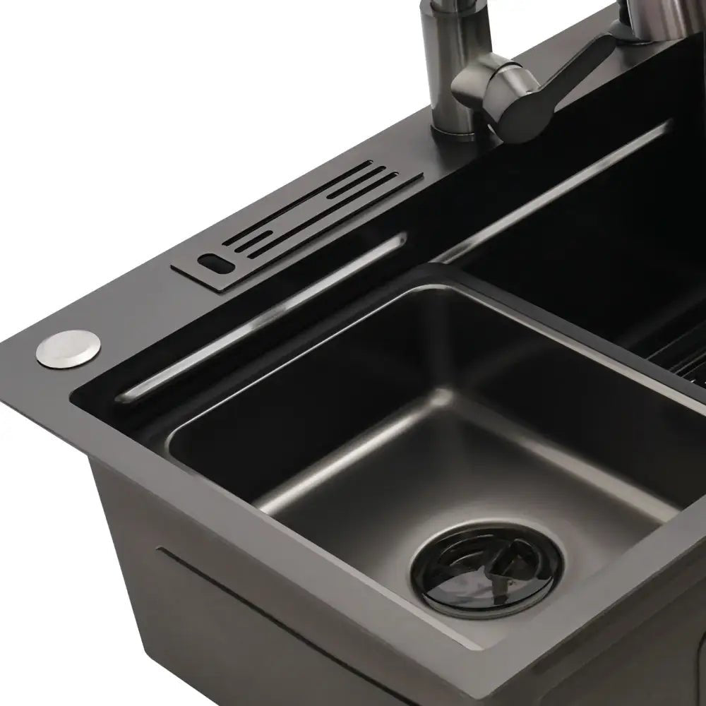 Modern matte black utility sink with integrated kitchen accessories - Decorbites