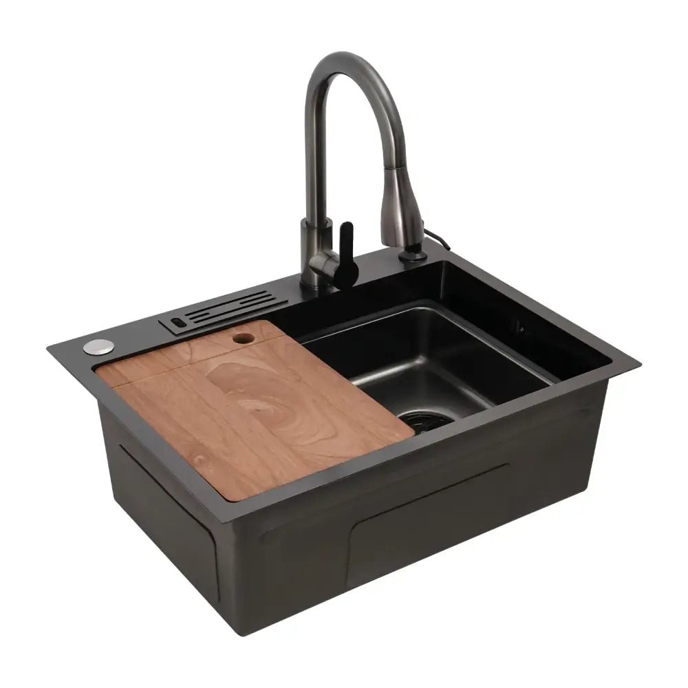 Modern matte black utility sink with integrated kitchen accessories - Decorbites