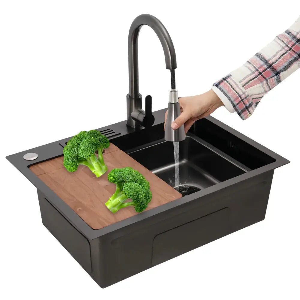 Modern matte black utility sink with integrated kitchen accessories - Decorbites