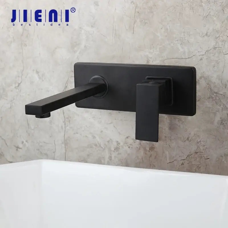 Modern matte black wall mounted basin faucet with black matte finish and square handle for bathroom decorbites black wall use