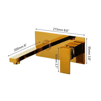 Gold-colored modern wall mounted basin faucet with sleek rectangular design and two square handles for bathroom decorbites black wall mounted use