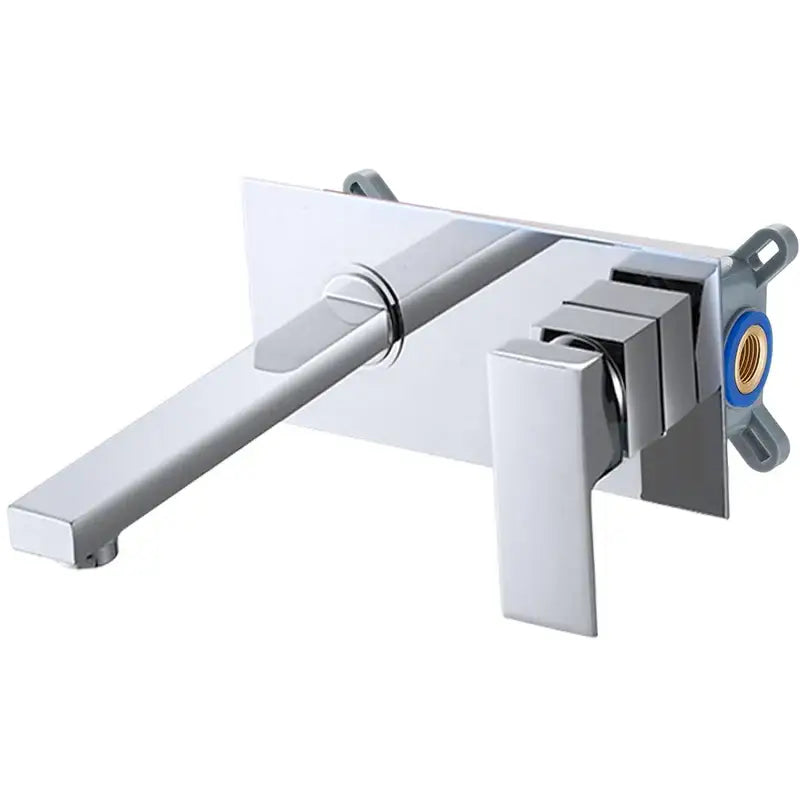 Modern chrome-finished wall-mounted faucet with sleek rectangular spout and square handles featuring high-quality ceramic valve core