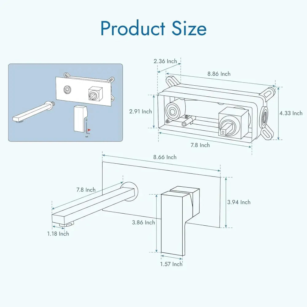 Modern brushed nickel wall-mounted faucet with sleek rectangular spout and high-quality ceramic valve core