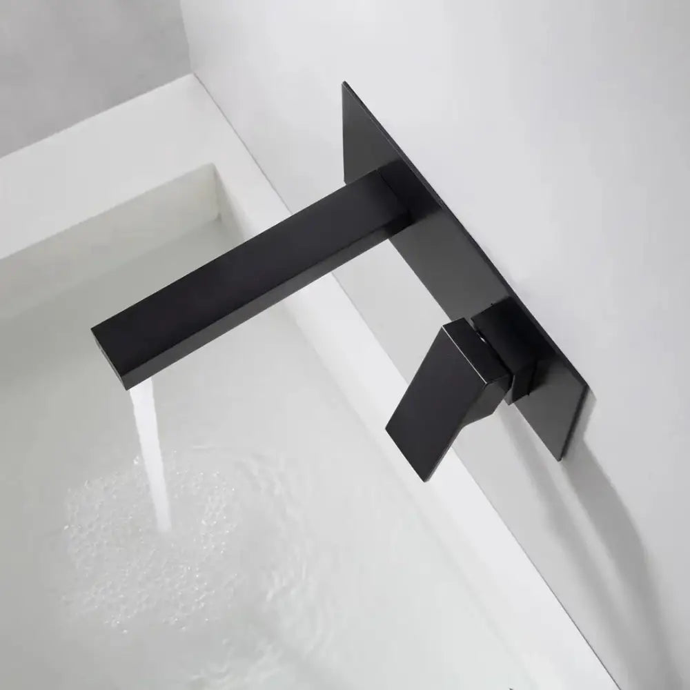 Modern matte black wall mounted bathroom faucet with black surface finish and high-quality ceramic valve core design