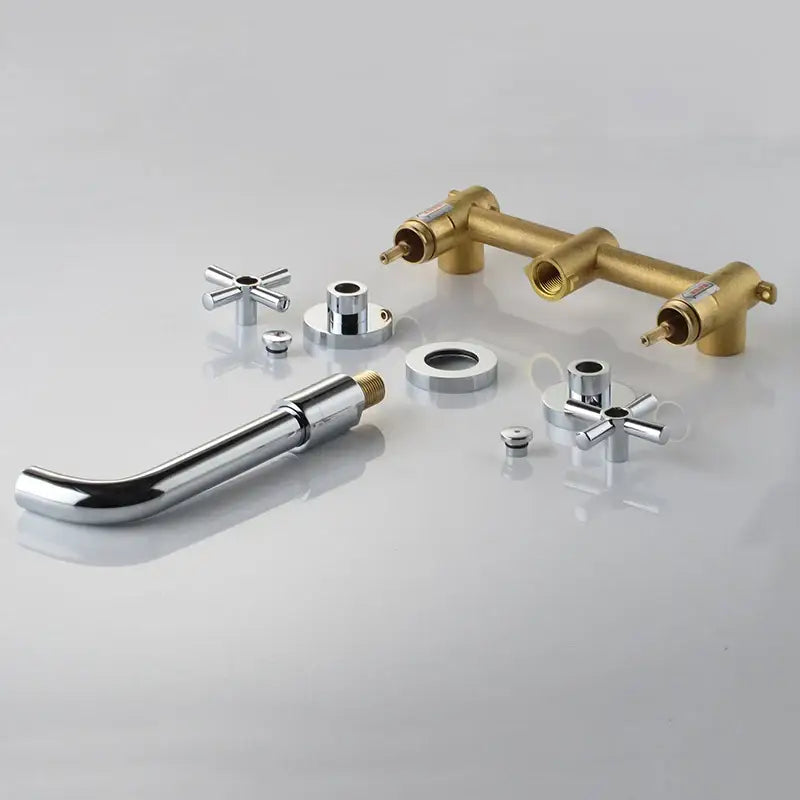 Modern matte black wall mounted dual handle bathroom sink mixer tap with chrome-finished cross handles and brass piping