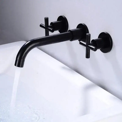 Modern matte black wall mounted dual handle bathroom sink mixer tap with black matte finish and cross-shaped handles