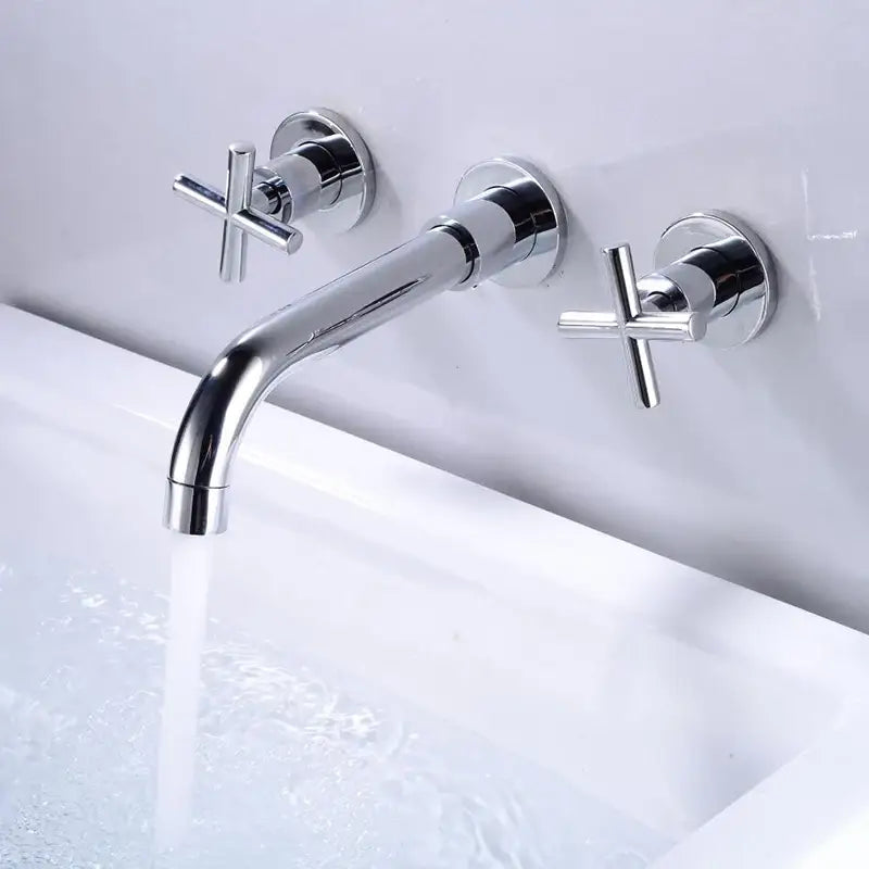 Modern matte black wall mounted dual handle bathroom sink mixer tap with chrome finished curved spout and cross handles