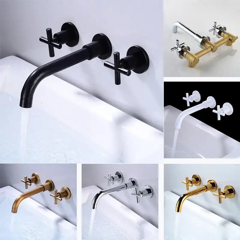 Modern matte black wall mounted dual handle bathroom sink mixer tap with black matte finish and cross shaped handles