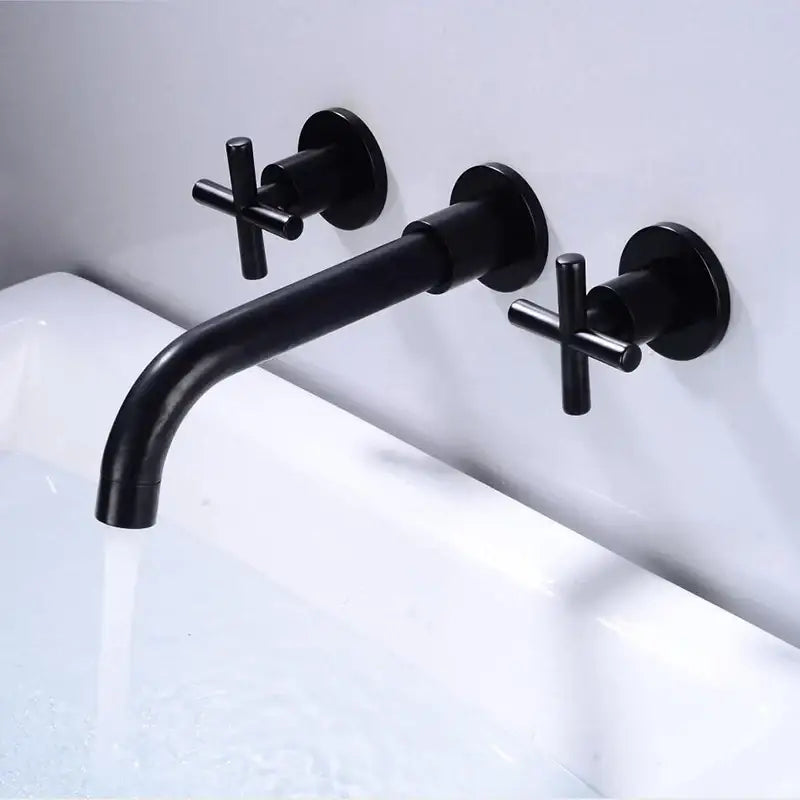 Modern matte black wall mounted dual handle bathroom sink mixer tap with black matte cross-shaped handles and sleek design