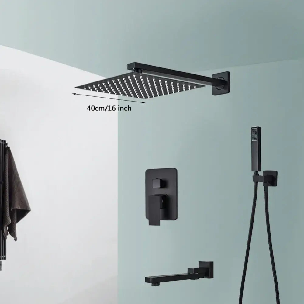 Black matte-finish wall mounted rainfall shower head with 40cm span for modern decorbites black wall bathrooms