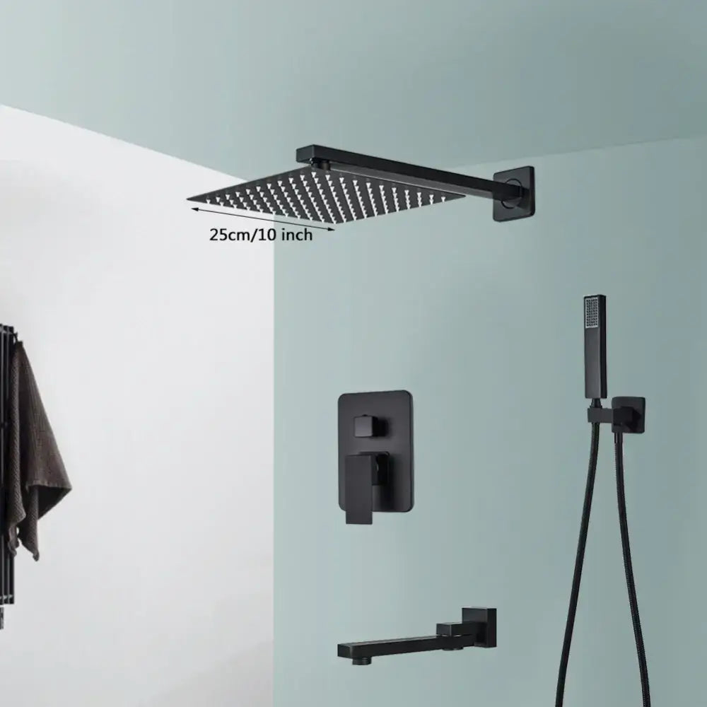 Modern matte black wall mounted rainfall shower with 25cm black wall mounted square rain showerhead and tub spout