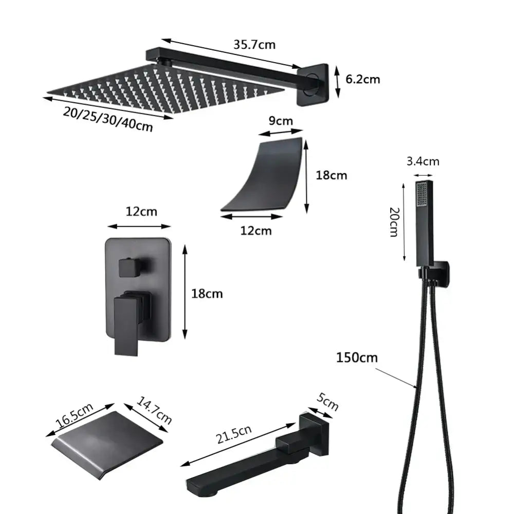 Modern matte black wall mounted rainfall shower set with square rainhead handheld sprayer and tub spout decorbites black wall