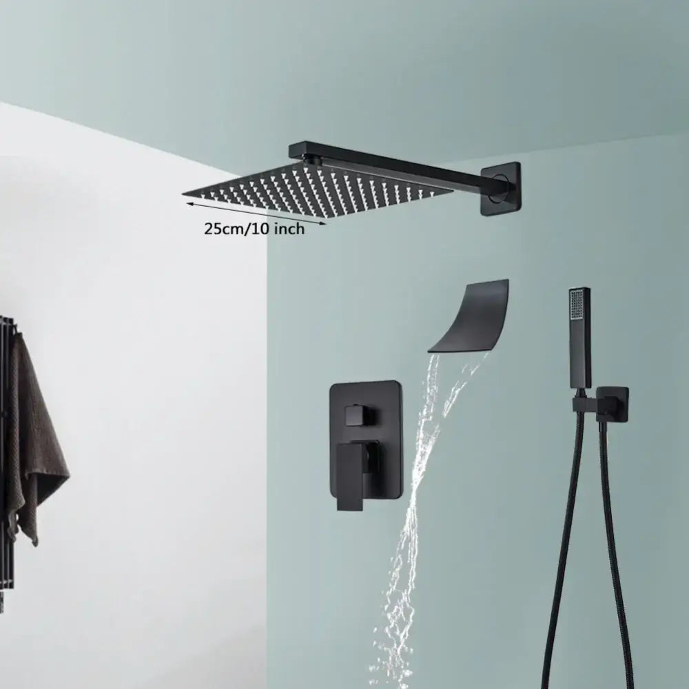 Modern matte black wall mounted rainfall shower head with 25cm black matte finish for decorbites black wall bathroom
