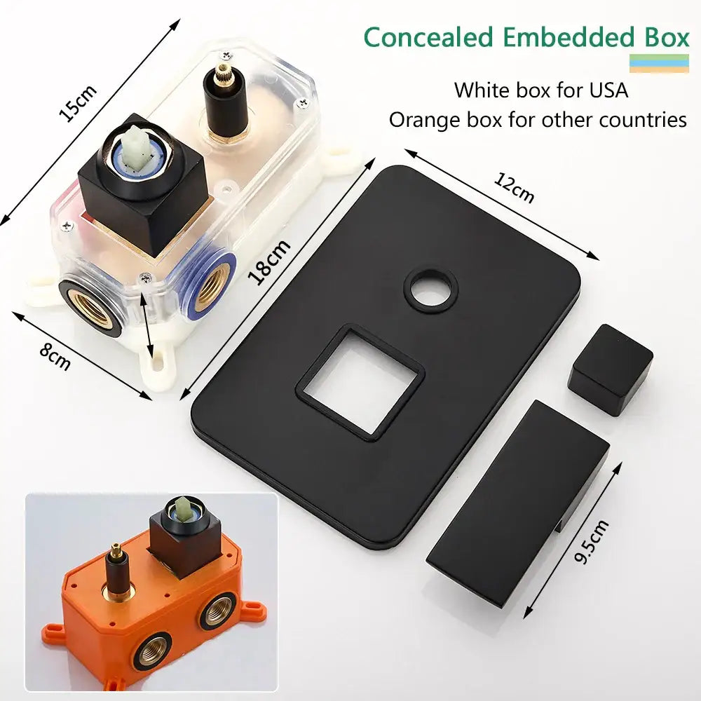 Clear plastic concealed embedded box with black and brass fittings and matte black mounting plate for black wall mounted rainfall shower