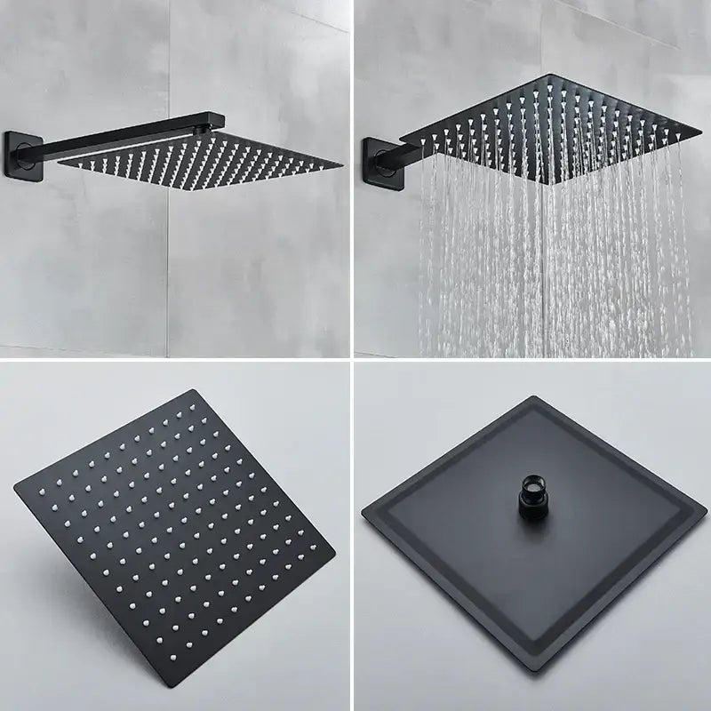 Modern matte black wall mounted rainfall showerhead with square black matte finish and grid of nozzles decorbites black wall