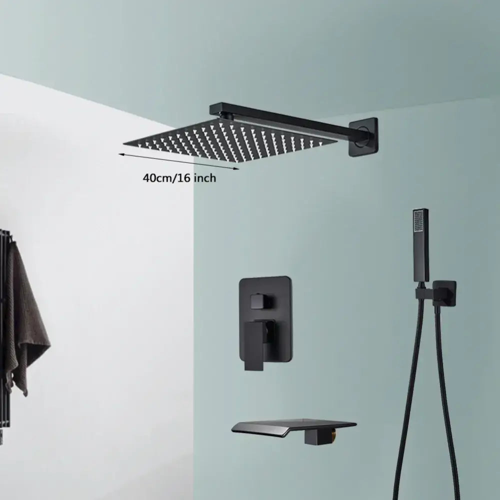 Modern matte black wall mounted rainfall shower with 16-inch black matte finish rain showerhead and tub spout decorbites black wall