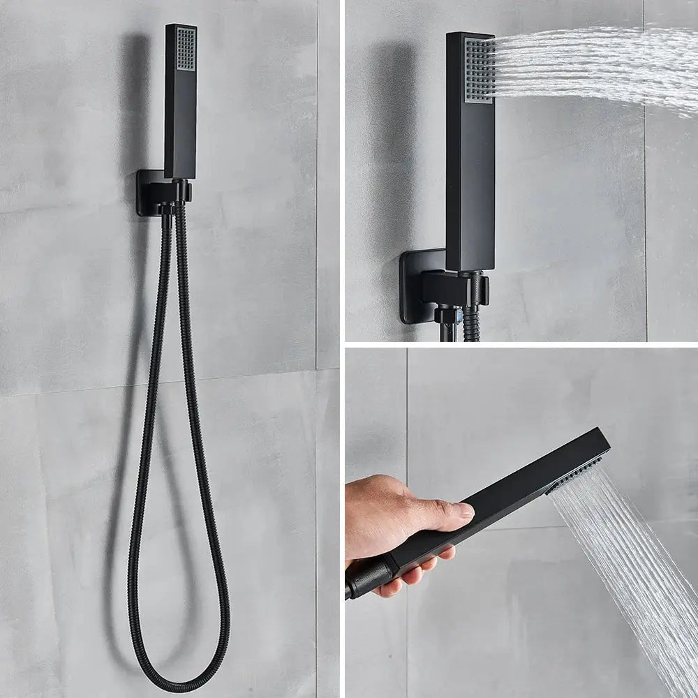 Black wall mounted rainfall shower with matte black rectangular showerhead and flexible hose for modern bathroom decorbites black wall