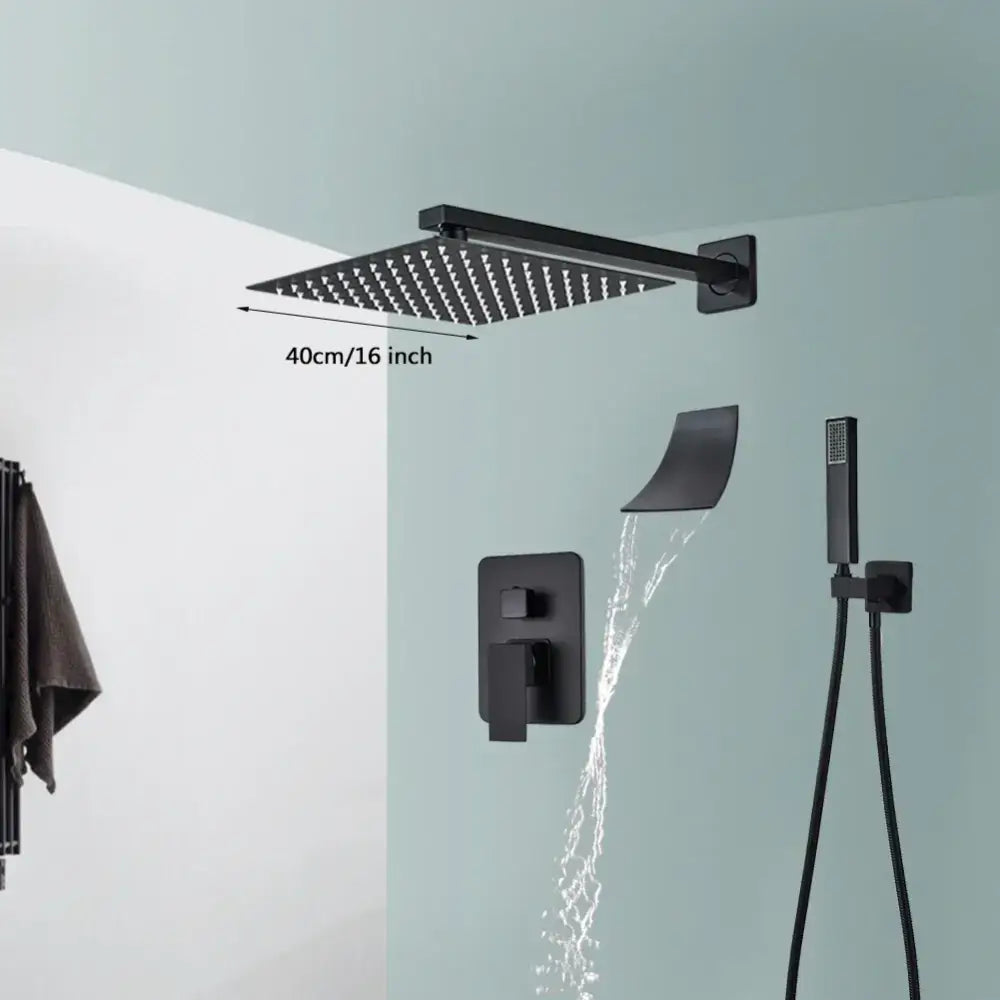 Modern matte black wall mounted rainfall shower head with integrated tub spout and 16 inch square design decorbites black wall