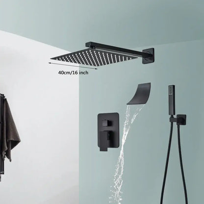 Modern matte black wall mounted rainfall shower head with integrated tub spout and 16 inch square design decorbites black wall