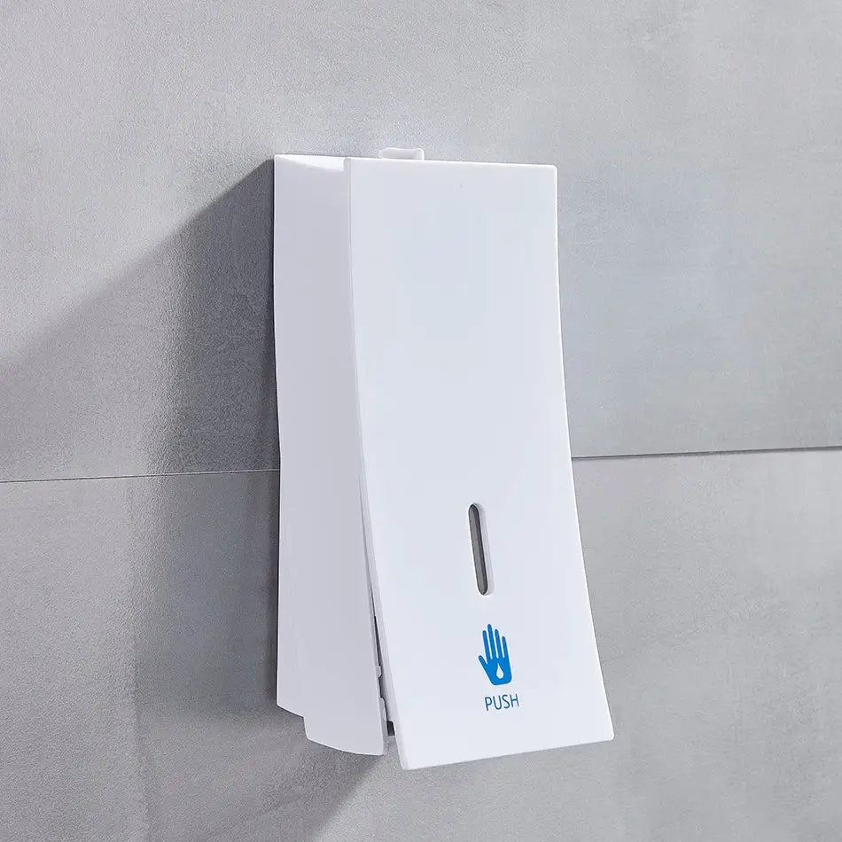 White wall-mounted soap dispenser with blue hand icon and push label modern matte black decorbites 450ml
