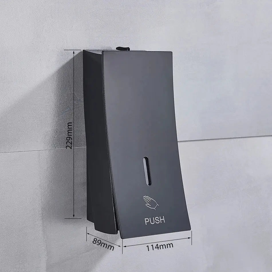 Modern matte black wall-mounted soap dispenser with sleek rectangular design and push label decorbites 450ml capacity