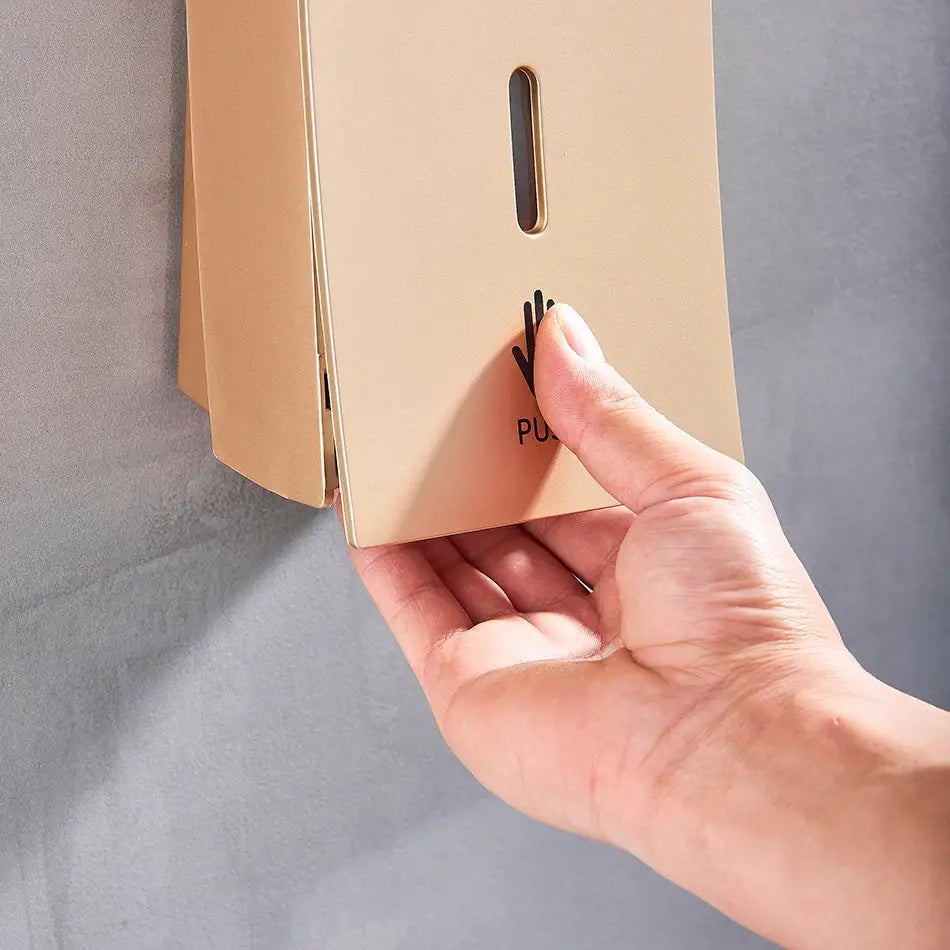 Beige wall-mounted soap dispenser with sleek minimalist design and black push-button icon for decorbites 450ml use