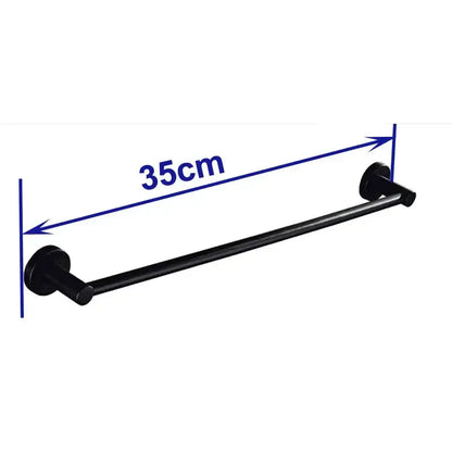 Modern matte black wall mounted towel bar with black matte metal finish and wood accents, 35cm length