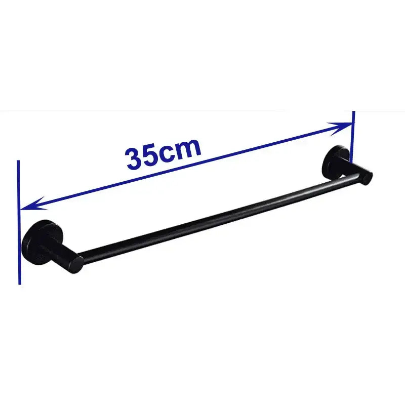 Modern matte black wall mounted towel bar with black matte metal finish and wood accents, 35cm length