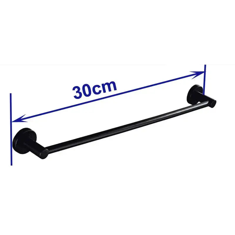 Modern matte black wall mounted towel bar with wood accents and 30cm black matte towel rack for bathroom use