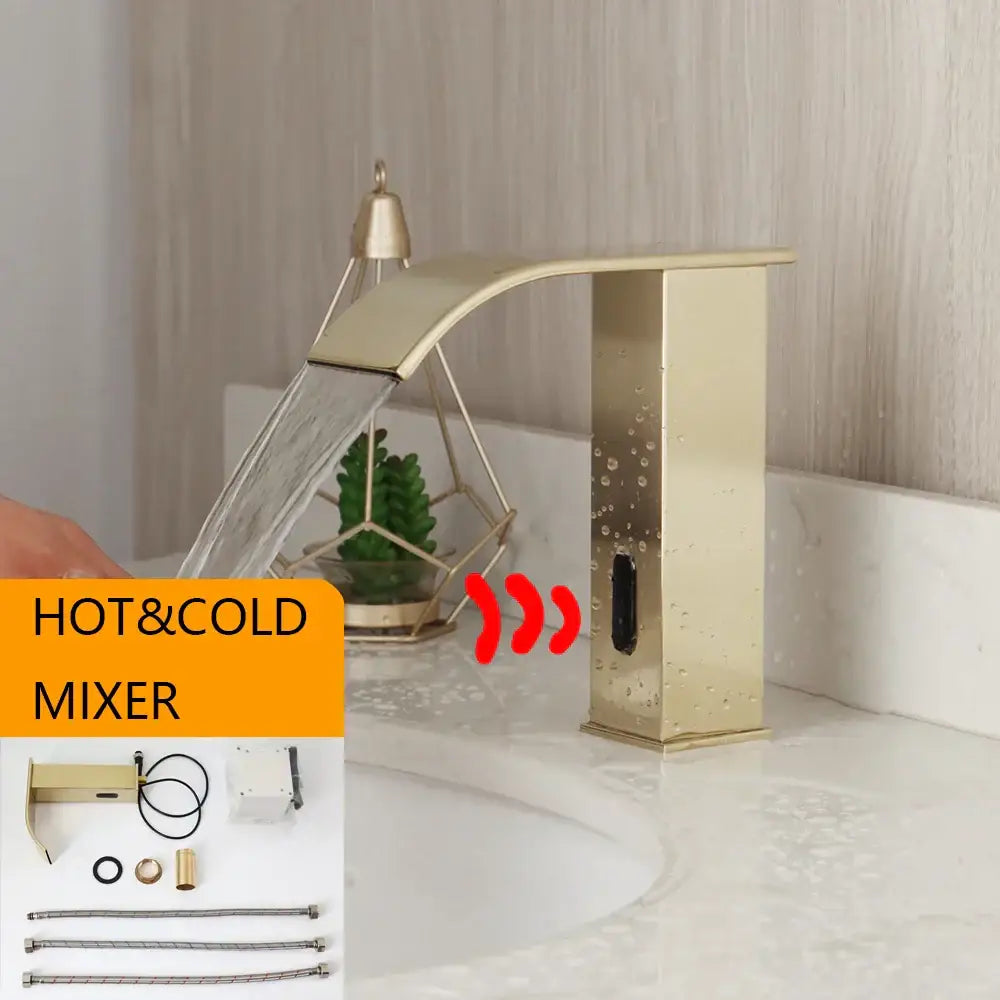 Gold-colored modern waterfall automatic sensor water mixer faucet with sleek rectangular design and brushed metal finish