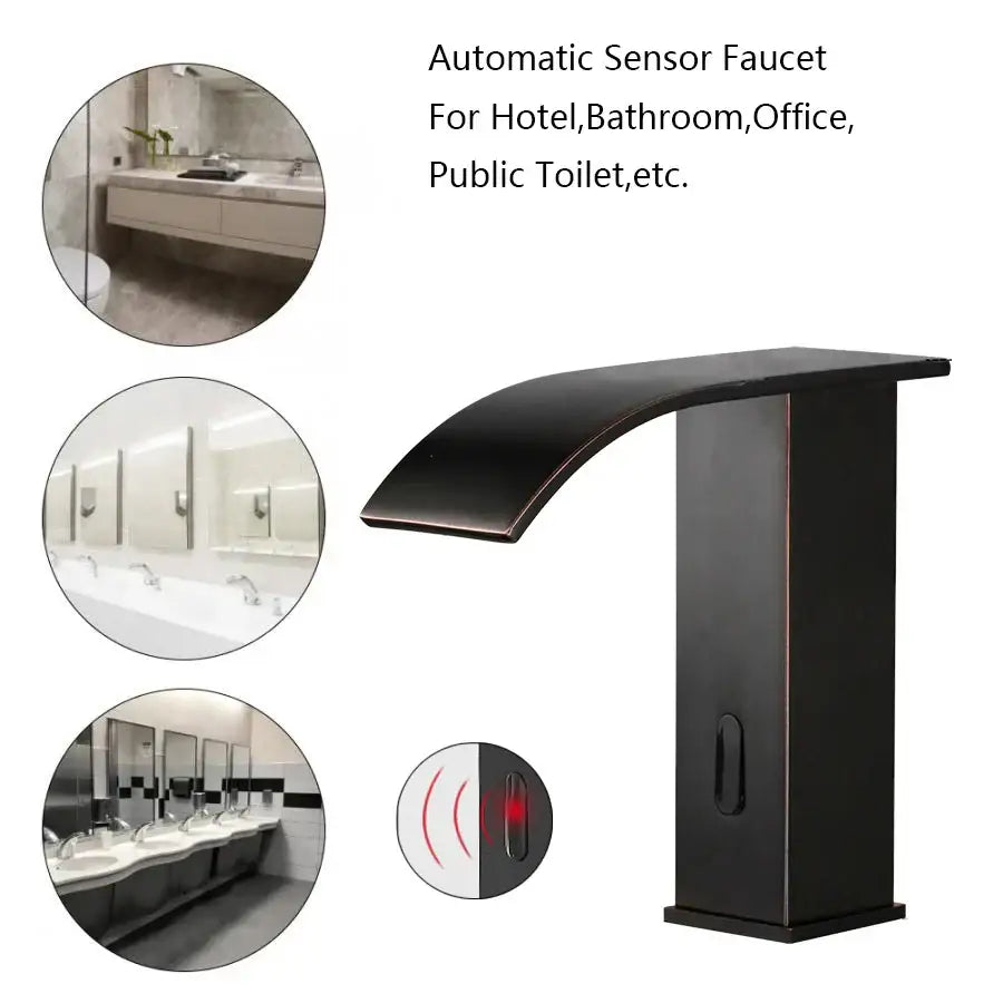 Modern matte black waterfall automatic sensor water mixer bathroom faucet with sleek curved spout and matte finish