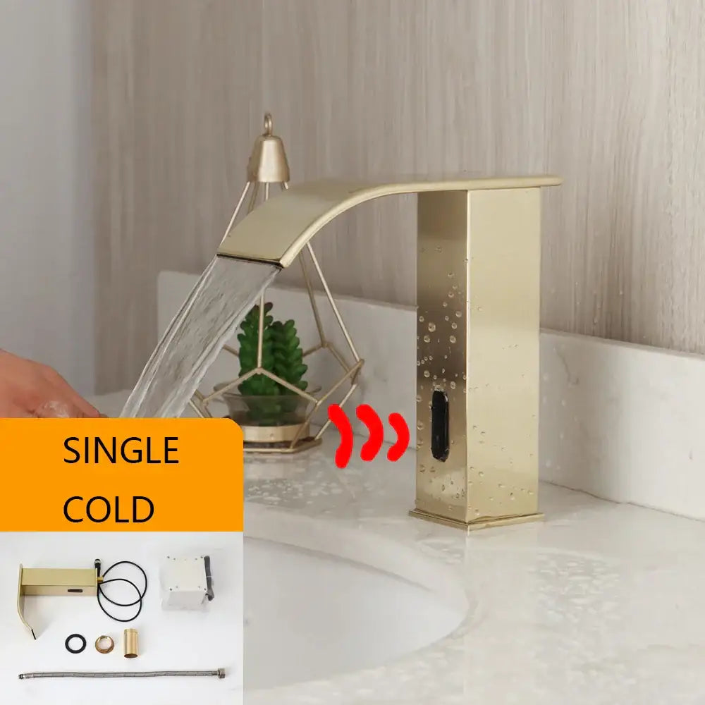 Modern gold-colored single-handle faucet with sleek arched spout and rectangular base sensor water mixer crane