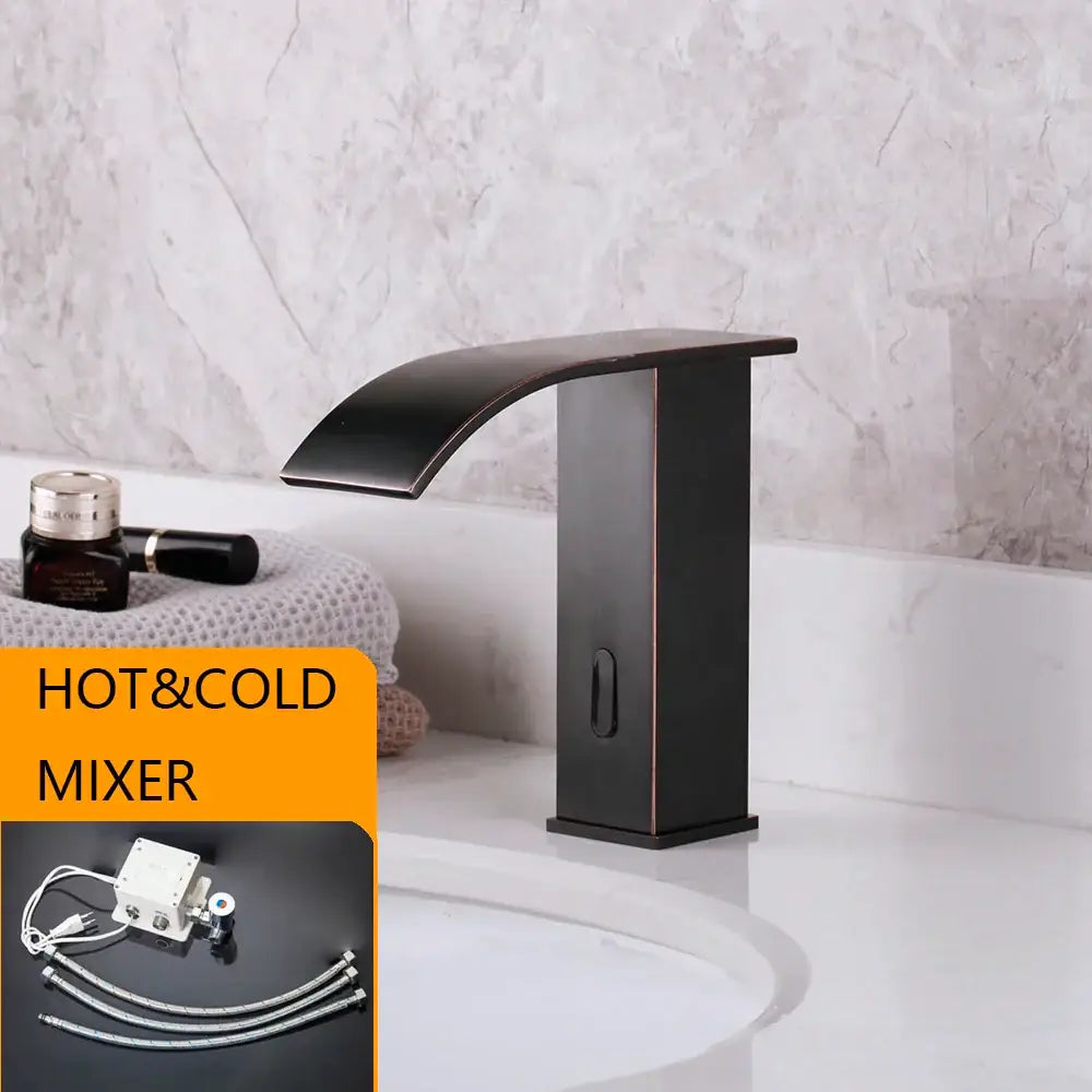 Modern matte black waterfall automatic sensor water mixer faucet with sleek curved spout and rectangular base