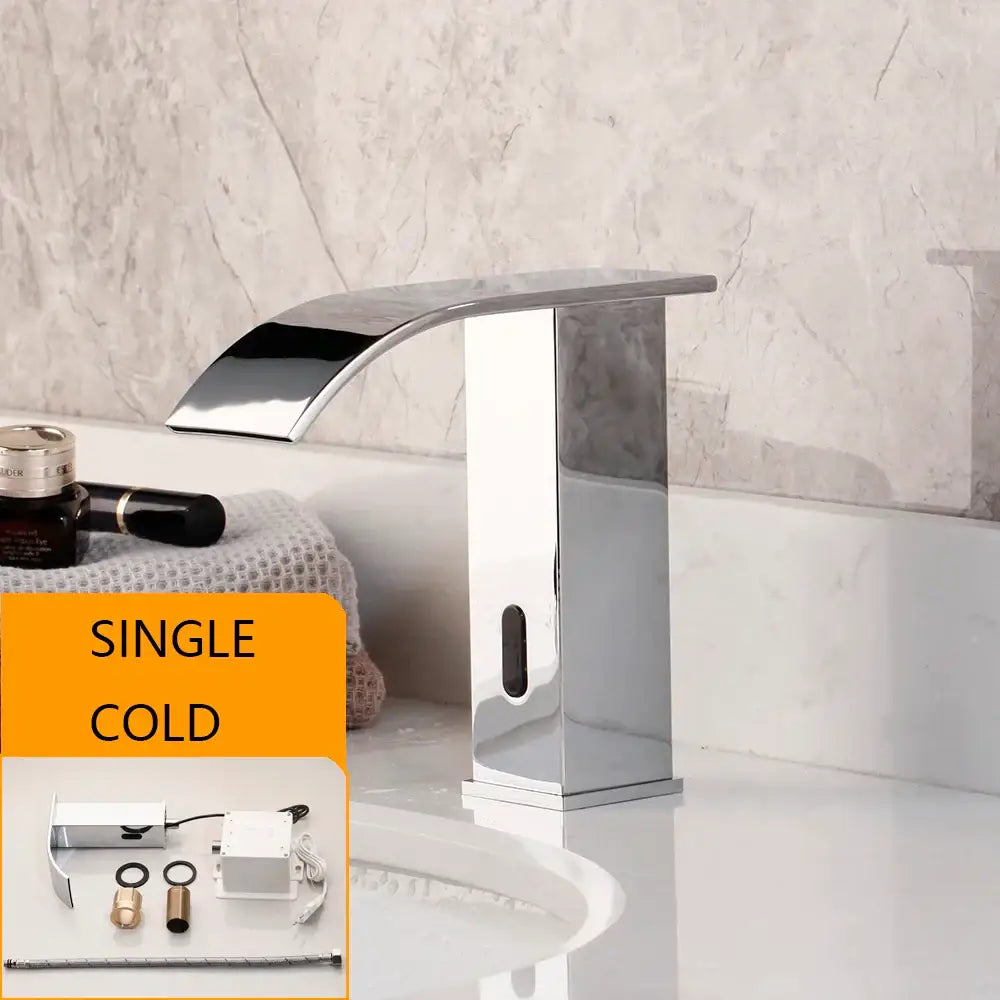 Modern matte black automatic sensor water mixer with chrome-finished waterfall faucet and sleek curved spout design