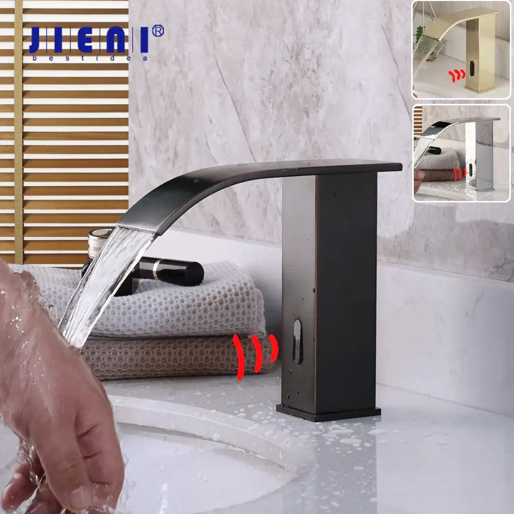 Modern matte black jieai automatic sensor water waterfall mixer faucet with sleek design for bathroom use