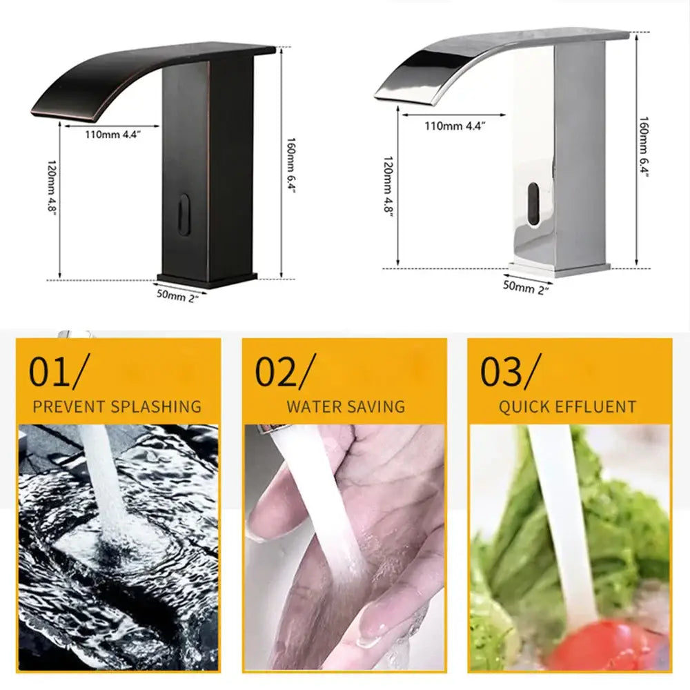 Two modern matte black and polished chrome sensor water mixer faucets with curved spouts and automatic sensor water features