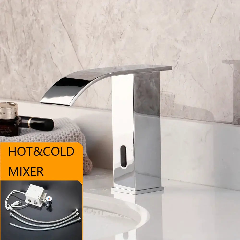 Modern matte black waterfall automatic sensor water mixer faucet with chrome finish and touchless hot and cold control