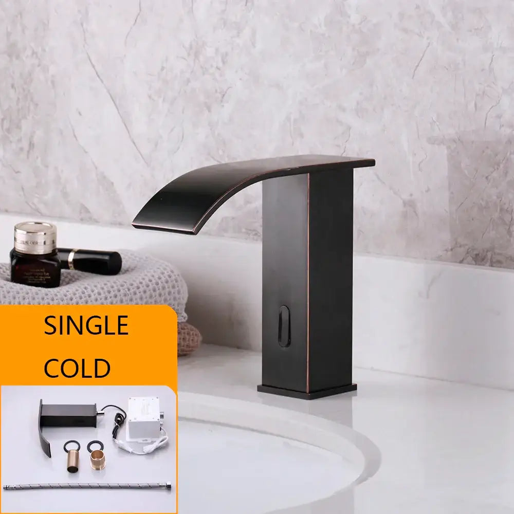 Modern matte black waterfall automatic sensor water mixer faucet with sleek curved spout and rectangular base
