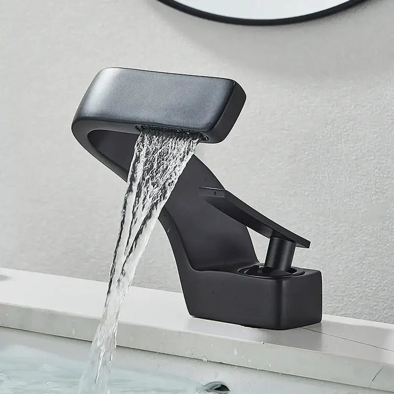 Modern matte black waterfall basin faucet with angular design for black waterfall bathroom decorbites collection