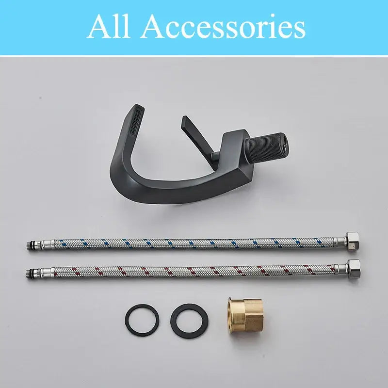 Modern matte black waterfall basin faucet with black matte finish and braided hoses for black waterfall bathroom use