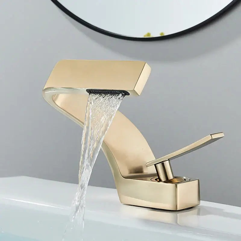 Modern matte black waterfall basin faucet with gold-toned brushed metal waterfall spout for black waterfall bathroom decorbites