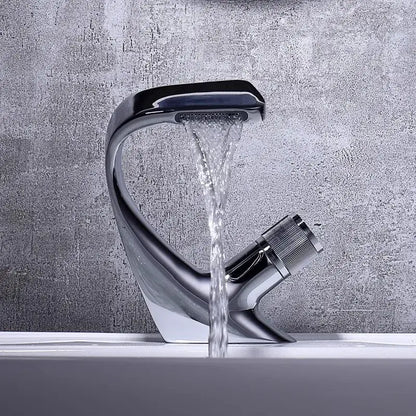 Modern matte black basin faucet with chrome finished waterfall design and integrated spray head for bathroom decorbites gray basin