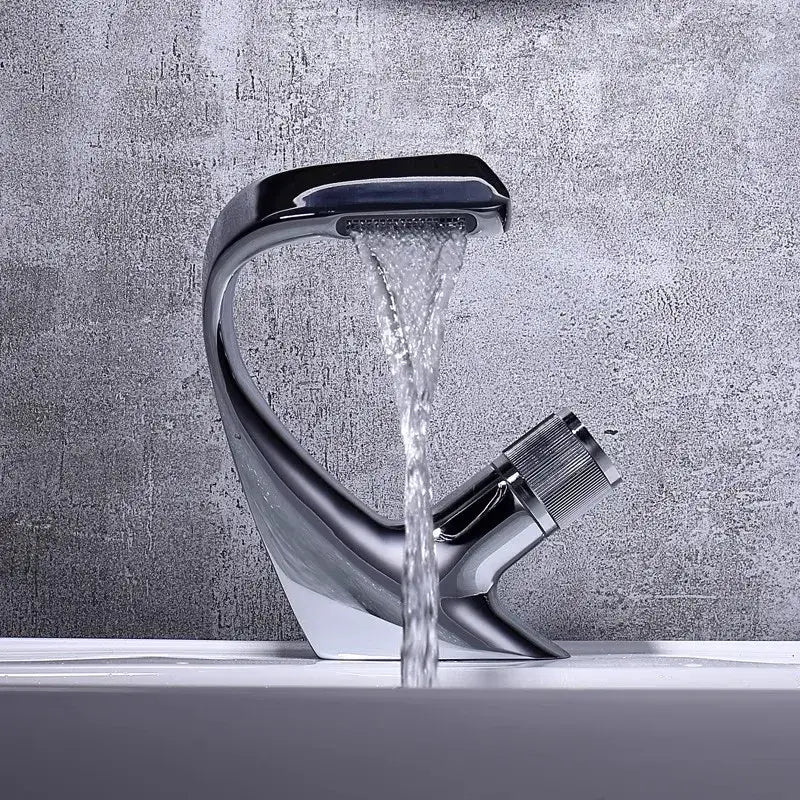 Modern matte black basin faucet with chrome finished waterfall design and integrated spray head for bathroom decorbites gray basin