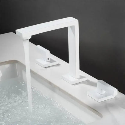 Modern white rectangular basin faucet with three handles and waterfall spout, suitable for decorbites brushed gold decor