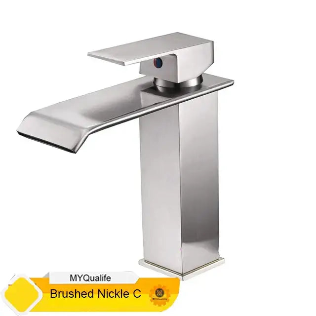 Modern brushed nickel basin faucet mixer tap with sleek rectangular spout and square base for bathroom vessel sinks